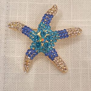 Starfish Brooch Blue/Silver Rhinestones NEW